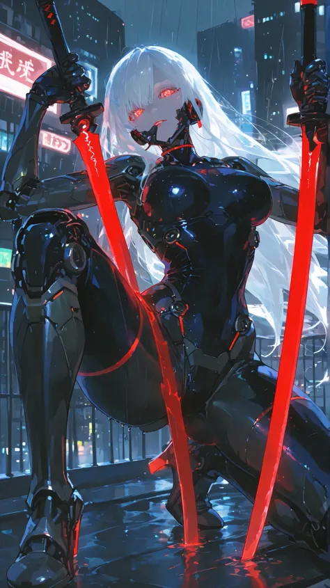 Create an image of a futuristic cybernetic female warrior with long, flowing white hair and glowing red eyes. Big breasts, slim waist, big butts, Beautiful face. The background is on a rain-soaked rooftop in a neon-lit cityscape, holding a katana with a gl...