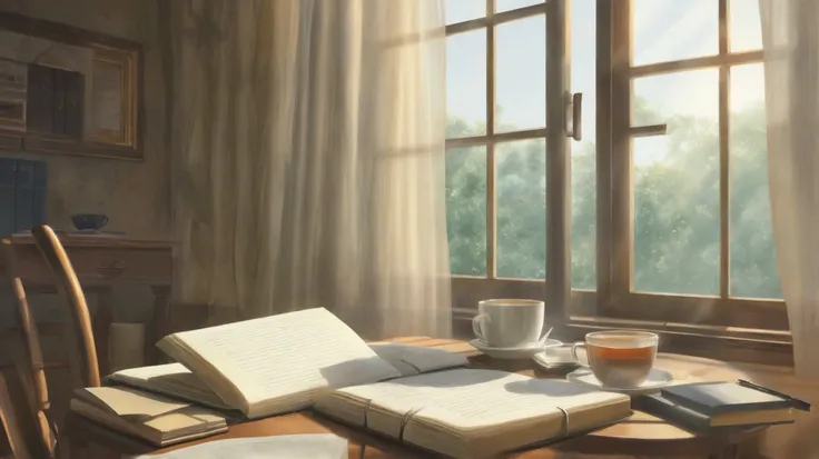 A soft, nostalgic morning light fills a quiet room. A curtain sways gently in the breeze from an open window. A notebook lies on a desk beside a cooling cup of tea. The atmosphere feels calm, warm, and quietly reflective. --style: semi-realistic, beautiful...