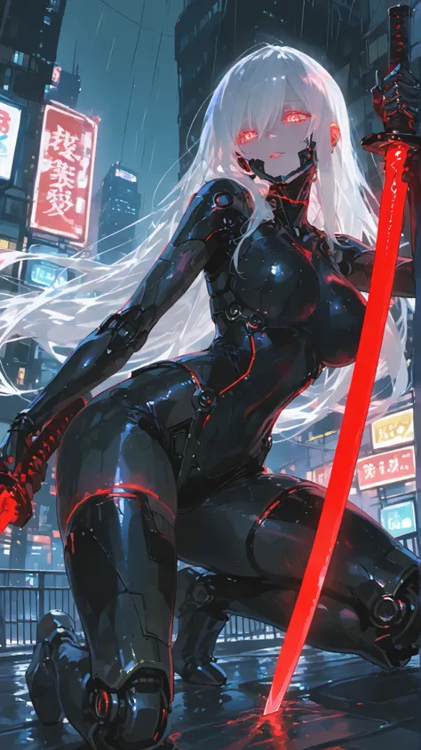 Create an image of a futuristic cybernetic female warrior with long, flowing white hair and glowing red eyes. Big breasts, slim waist, big butts, Beautiful face. The background is on a rain-soaked rooftop in a neon-lit cityscape, holding a katana with a gl...