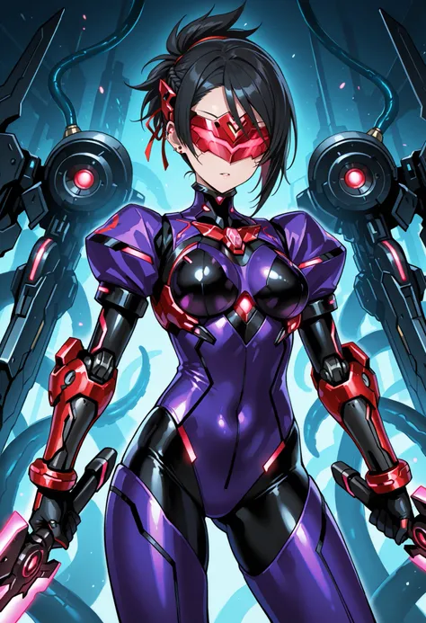 Cyborg girl. Black hair. Short hair. Tied hair. Red glowing cyber visor. Armored bodysuit. Purple costume. Mecha tentacles. Mechanical. Hands fused with weapons. Piercing weapon.