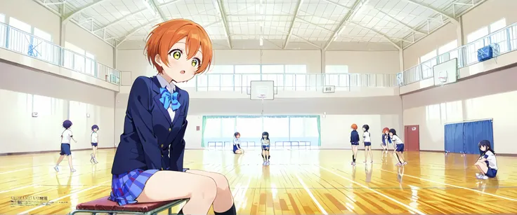 1girl,unwellness hoshizora rin, striped, short hair, blush, otonokizaka school uniform, lovelive_rin black blazer, blue plaid skirt, blue stripe bowtie, orange hair, very short hair, hair between eyes, yellow green eyes,sitting on the floor grasping one's ...