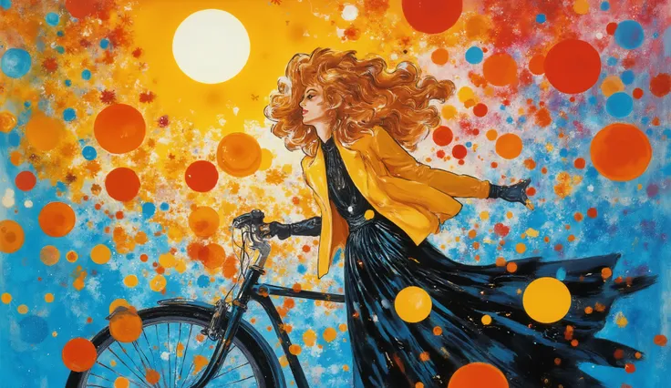 fashion illustration, illustration, surreal fantasy, Beautiful girl with long wavy hair, casual cloths, riding a bike in Amsterdam , palette of color Brass, Key Lime, Red (RYB), Sapphire, Cornflower Blue, sunset, volumetric lights, ethereal mood, acry...