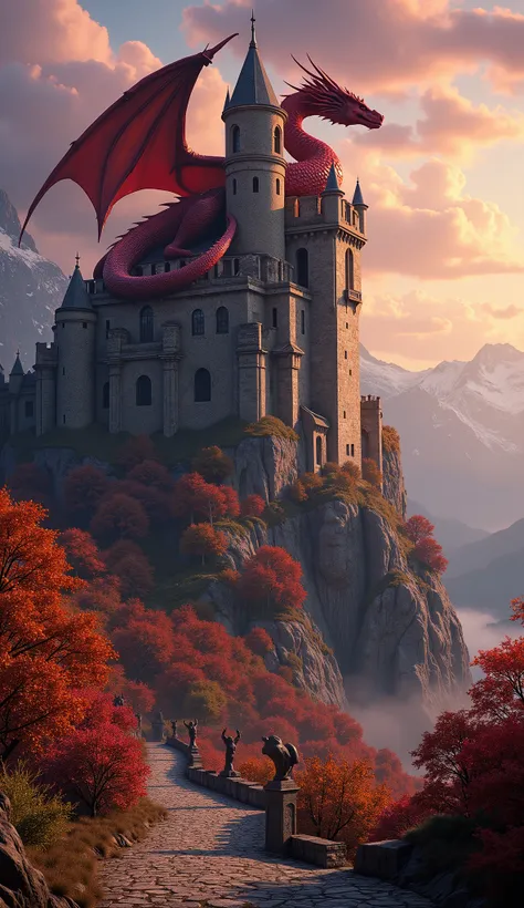 in high-definition image, medieval European rural masterpiece, A majestic medieval stone castle perched atop a towering, mist-shrouded mountain, its ancient walls covered in ivy and weathered by centuries of storms. A colossal red dragon sleeps curled aro...