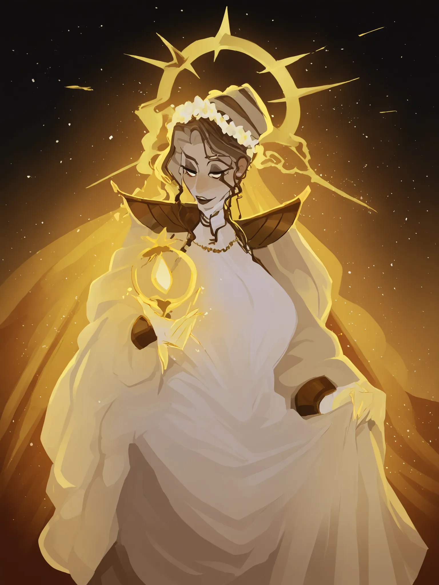 The character in the image has an ethereal and elegant look, referring to a heavenly or divine figure. Here is a detailed description:  Overall appearance :  Expression:  She has a serious and intense expression , with a penetrating look. Estilo: The overa...
