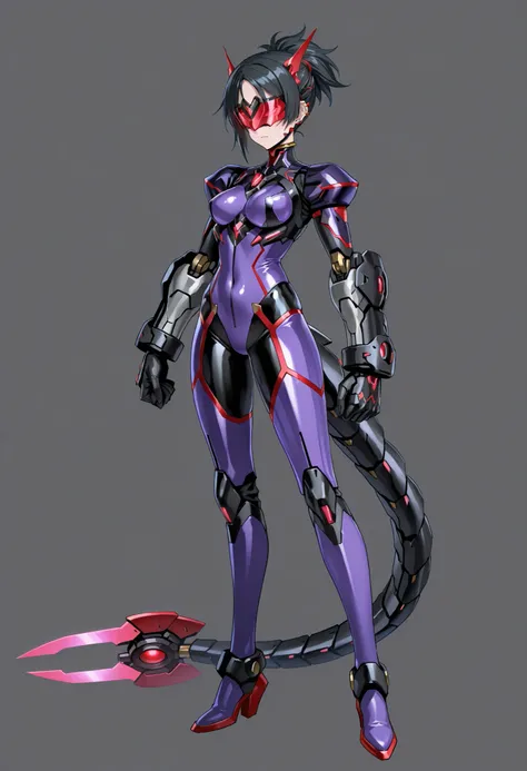 Cyborg girl. Black hair. Short hair. Tied hair. Red glowing cyber visor. Armored bodysuit. Purple costume. Mechanical tail fin. Large hands. Both hands fused with weapons. Piercing weapon.