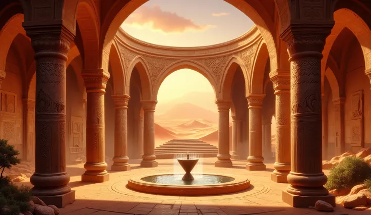 Open circular sanctuary in the desert, Fountain in the center with water, pillars surrounding