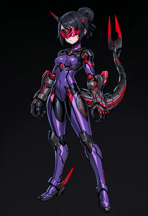 Cyborg girl. Black hair. Short hair. Tied hair. Red glowing cyber visor. Armored bodysuit. Purple costume. Mechanical tail fin. Large hands. Both hands fused with weapons. Piercing weapon.
