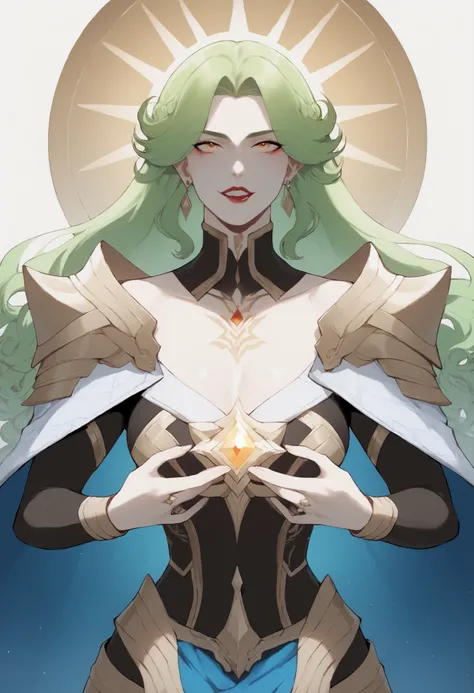 The character in the image has an ethereal and elegant look, referring to a heavenly or divine figure. Here is a detailed description:  Overall appearance :  Expression:  She has a serious and intense expression , with a penetrating look. Estilo: The overa...