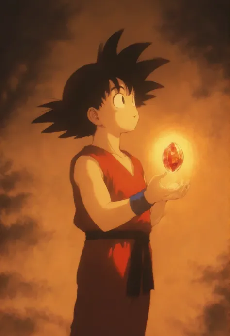 goku, goku, black hair, black eyes, side view, blue shirt, innocents face, red wristband, holding a crystal ball with two hand, side view, looking up, red staff on his back, side view