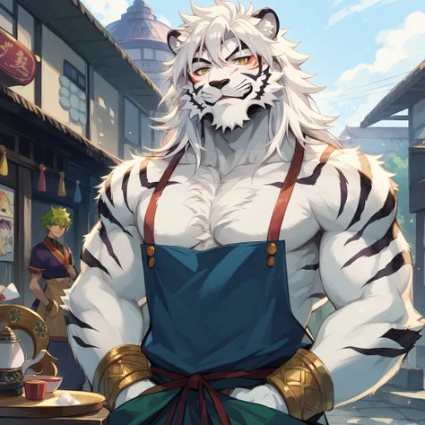 
anime character with a tigre mask and apron standing in a street, anthropomorphic tigre, tigre_besta, inspirado em Fujishima Takeji, momoshiki ōtsutSuki, anime peludo, peludo peito, fluffy chest, , arte de fantasia peluda, personagem peludo, papel de pare...