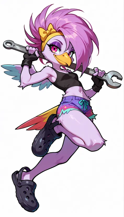 score_9, score_8_up, score_7_up, 1girl, solo, masterpiece, best quality, amazing quality, very aesthetic, absurdres, source furry, furry bird, magenta eyes, light purple body fur, (magenta hair, punk hairstyle, long side hair, messy spiky ponytail), smile,...