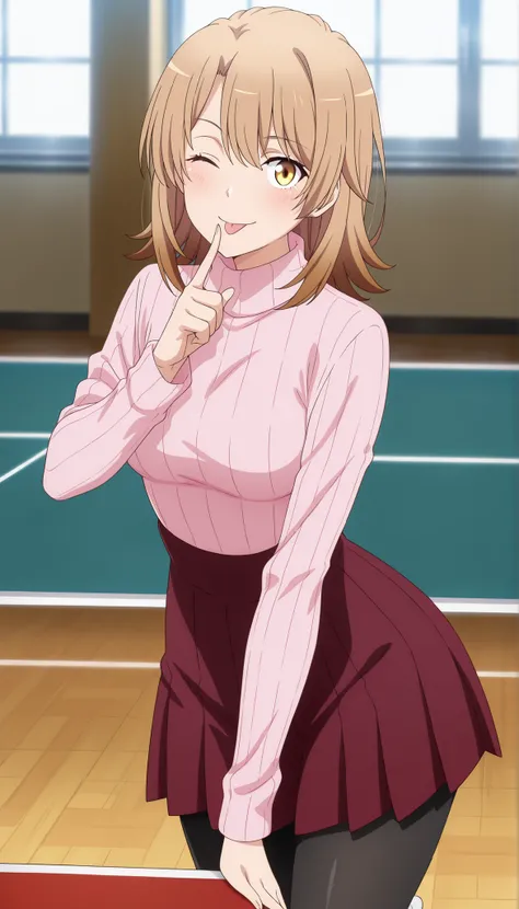 anime screencap, masterpiece, best quality,

1girl, solo, closed mouth, smile, blush, tongue out, one eye closed,
medium hair, multicolored hair, light brown hair, brown hair, yellow eyes, hair between eyes, wide hips 
turtleneck sweater, ribbed sweater, p...
