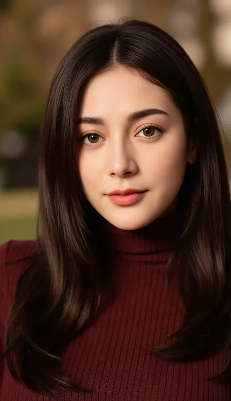 woman in her mid-30s, straight black hair with side bangs, wearing a maroon turtleneck, subtle makeup, gentle smile, studio lighting, outdoor background, highend camera look