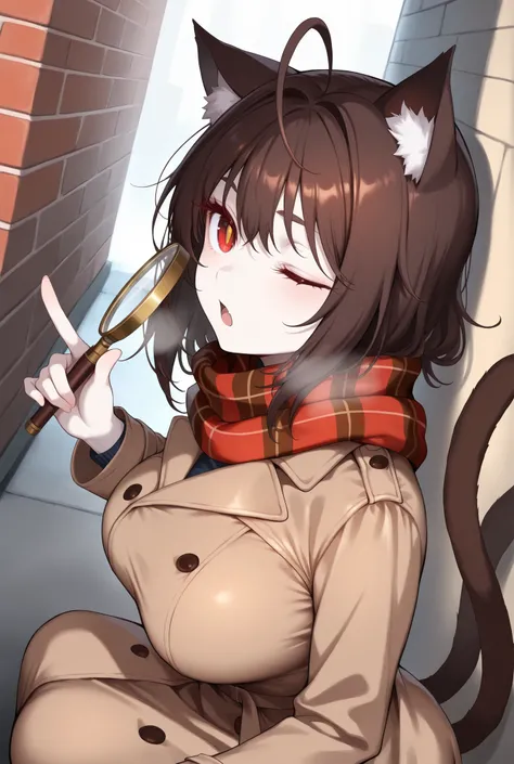 (urban background, brick wall, fog, alley), pale skin, dutch angle, from above, from side, looking up, (solo, 1girl, nekomata, red eyes, dark brown hair, medium hair, cat ears, white fur inside cat ears), large breast, (detective coat, plaid scarf, trench ...