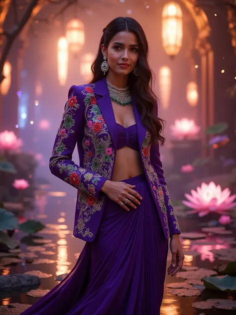 A highly detailed, cinematic, photorealistic portrait of an elegant Indian woman standing in a surreal, artistically lit background that blends tradition and futurism — a glowing palace garden at twilight with luminous lotus ponds and softly cascading digi...