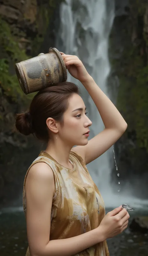 Create an aquarius woman wearing dress holding old jar on her shoulder and waterfall from the jar, background is waterfall in mystical florest. Sharp and best quality , masterpece, ultra hD. Front ground have big display text written aquarius 