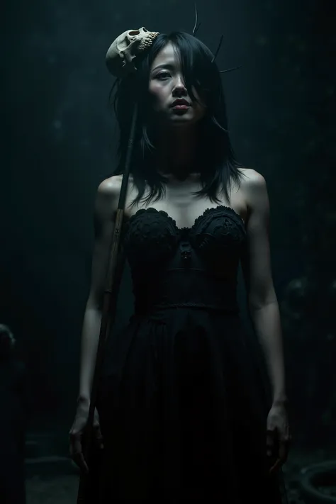 A creepy oriental girl unfolds in utter darkness，No light at all ，Wearing a black fairy dress with a broken fortune，with a skull rod in her hand，Head with a skull fork，Sexy and Charming，big bust，Ghost castle background，Ghost monsters wandering，Ultra High D...