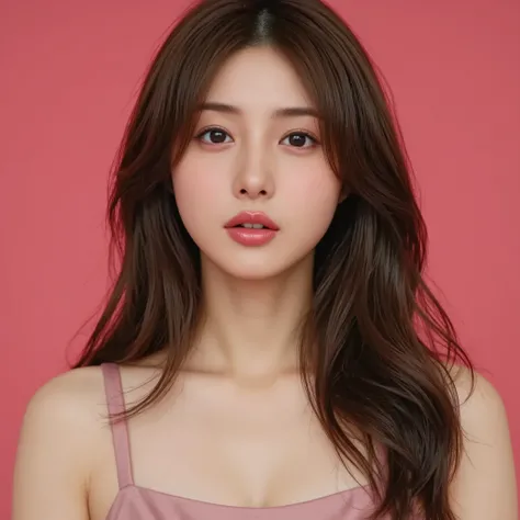 {{x}}, Translucent skin, Long Natural Brown Hair, soft texture, angle from the front when it's on the ground, Clear Eyes, , gentle expression, No Makeup or Light Makeup, photorealistic, soft ambient light, standing in front of a bright colored background, ...