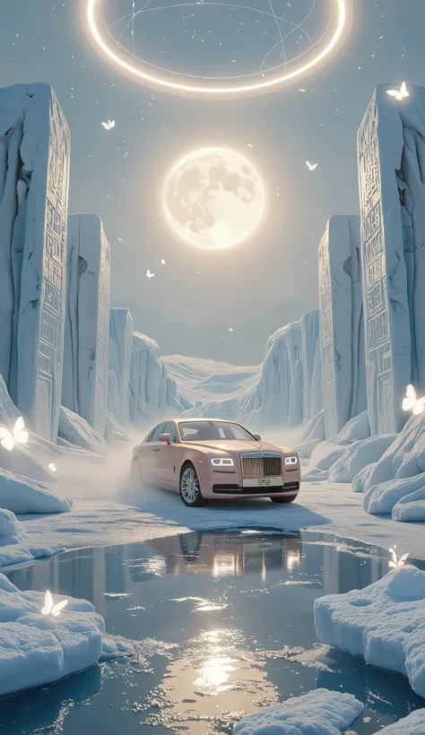 (Theme: Futuristic royalty meets mythological elegance in a frozen dream world)
A hyper-detailed, dreamlike 9:16 digital artwork of a cream and rose-gold Rolls-Royce Ghost resting at the center of a colossal frozen lake in an otherworldly glacial valley. ...