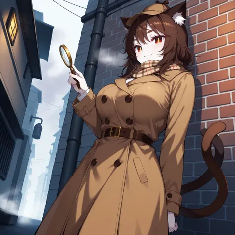 (urban background, brick wall, fog, alley), pale skin, dutch angle, from below, (solo, 1girl, nekomata, red eyes, dark brown hair, medium hair, cat ears, white fur inside cat ears), large breast, (detective coat, plaid scarf, trench coat, long coat, detect...