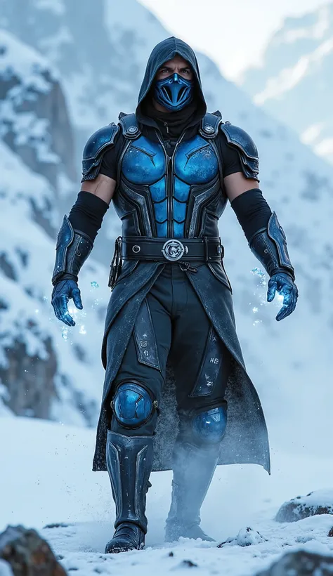 ** assembled for image generation :**
" Henry Cavil is portrayed in a highly detailed and stylized version , wearing a costume inspired by Sub-Zero from Mortal Kombat . He wears modern armor in shades of blue and black , with metallic details that...