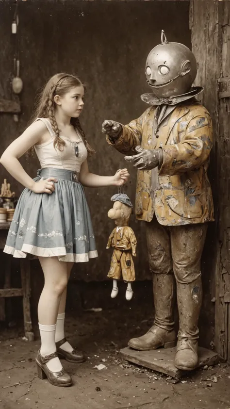 The Tin Woodman became string Ball joints puppet,
antqgldnCE style, 
nsfw,
for Adult,
Photorealism,
((A scene from a live-action movie)),
Incredibly detailed,
19th century photo, antique photo, sepia toned photo, 
Dorothy and The Tin Woodman's puppet,
Doro...