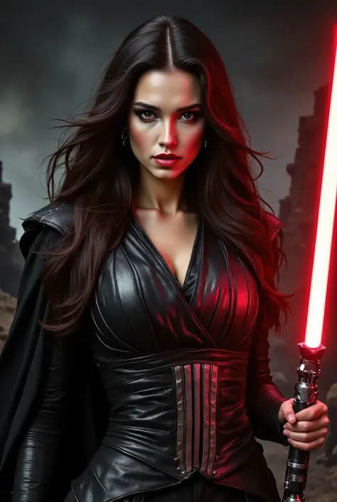 full body shot, female warrior, sith lord, star wars, red lightsaber, intricate details,beautiful detailed eyes, beautiful detailed lips, extremely detailed face, long eyelashes, evil look, diabolic, dramatic lighting, dark fantasy, chiaroscuro, cinematic ...