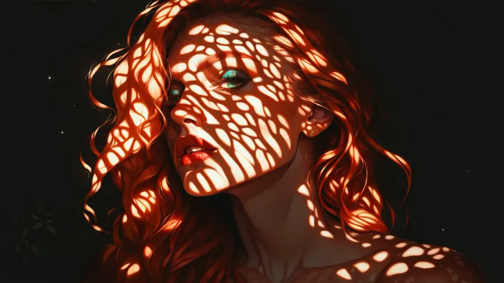 score_9, score_8_up, score_7_up, score_6_up, 1girl, ginger hair, 23 years old, beautiful, dappled sunlight, lipstick, dark background, portrait, s1_dram