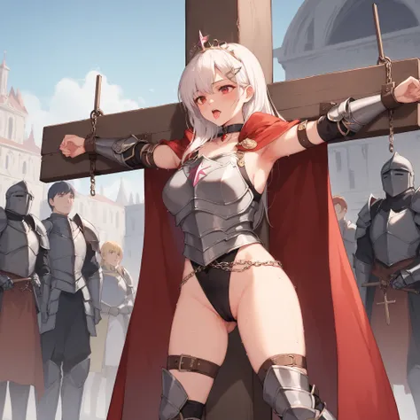 ((best quality)), ((masterpiece)), (detailed), perfect face, SOLO, whole body, ((1 GIRL)), ANIME, beautiful detailed eyes, long straight hair, white hair, RED EYES, (((black High leg bodysuit)), (((black breastplate))), Choker, shame, sweaty body, sweat, h...