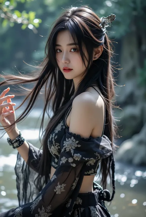 8k, ultra realistic, realism. A beautiful young Asian woman is posing gracefully outdoors in traditional-inspired modern fashion. She wears a black crop top adorned with silver embroidery and a matching flowing skirt with intricate patterns. Her look is ac...