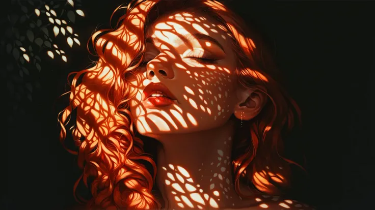 score_9, score_8_up, score_7_up, score_6_up, 1girl, ginger hair, 23 years old, beautiful, dappled sunlight, lipstick, dark background, portrait, s1_dram