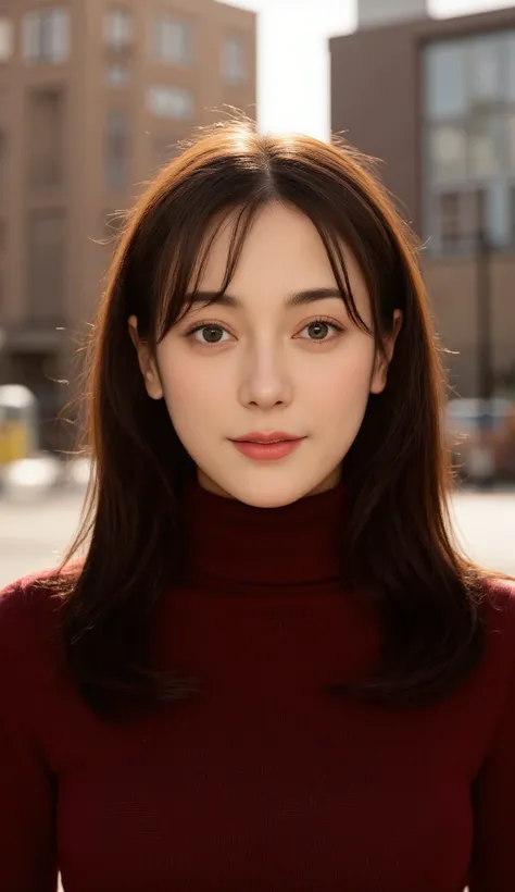 woman in her mid-30s, straight black hair with side bangs, wearing a maroon turtleneck, subtle makeup, gentle smile, studio lighting, outdoor background, highend camera look