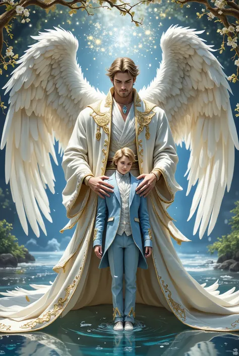 Detailed, high-resolution, full-body frontal shot in Japanese action manga style. Colossal, gentle male angel (near forty, handsome, solemn, profound gaze) lovingly cradles a smaller, twenty-six-year-old, tall, muscular man (Nordic/Asian) as a marionette. ...