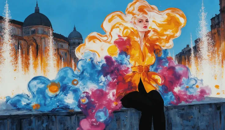 fashion illustration, illustration, surreal fantasy, Linda garota com cabelo ponny tail, casual cloths, sentada em um banco em uma praça em Roma , palette of color Amaranth Purple, Cadet Blue (Crayola), Azureish White, Teal Blue, Morning Blue, sunset, v...