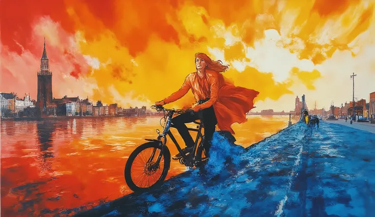 fashion illustration, illustration, surreal fantasy, Beautiful girl with long wavy hair, casual cloths, riding a bike in Amsterdam, by the docks , palette of color Brass, Key Lime, Red (RYB), Sapphire, Cornflower Blue, sunset, volumetric lights, ethere...
