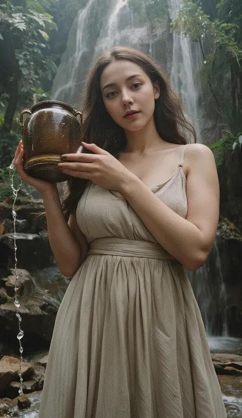 Create an aquarius woman wearing dress holding old jar on her shoulder and waterfall from the jar, background is waterfall in mystical florest. Sharp and best quality , masterpece, ultra hD. Front ground have big display text written aquarius 
