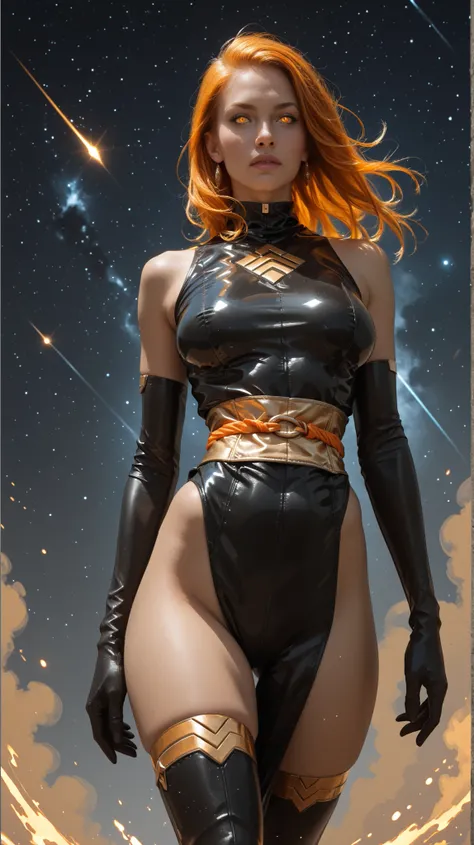 JeanGrey, black and gold bodysuit, elbow gloves, eyes glowing orange, orange neons pupils thigh highs, sash, levitating in dark space