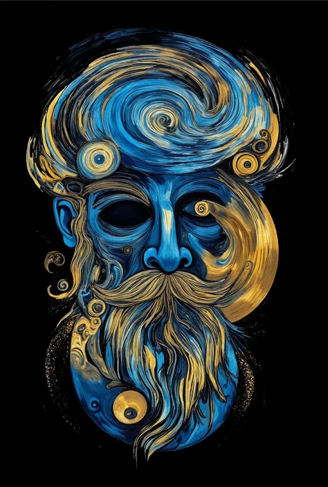 "Design a high-resolution T-shirt inspired by Edvard Munch's artistic style. Use bold shades of blue and gold to capture the dramatic and emotional essence characteristic of the artist. Center the image in the design and incorporate a solid black backgroun...