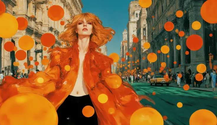 fashion illustration, illustration, fantasia surreal, Beautiful girl with long wavy hair, casual clothes, walking on Avenida Paulista in São Paulo, Rusty Red, Antique Ruby, Dark Green, Midnight Green (Eagle Green), Tart Orange, morning, volumetric lig...