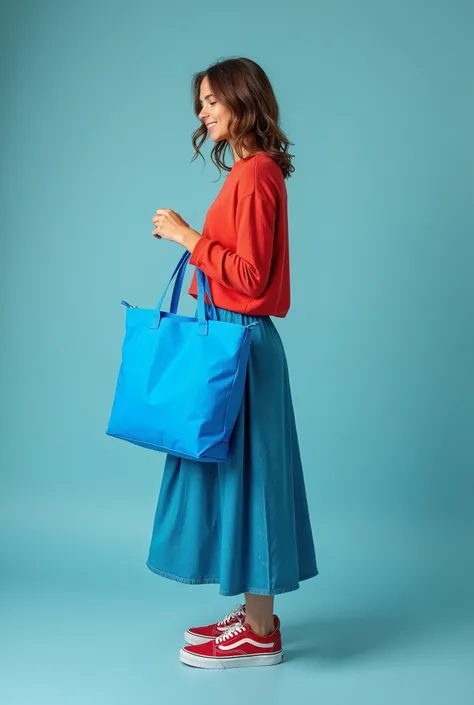 A beautiful Italian woman, standing, wearing a long skirt and ((Vans® sneakers))), holding a blue thermo bag, Simple bag, flat and straight bag, sacola azul, medium thermal bag, nylon thermal bag, medium thermo bag, Simple bag, realistic photo, advertising...