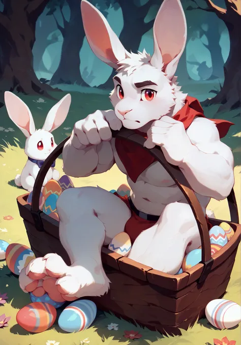 Best Quality, High Quality, Ultra High Resolution,Delicate Eyes, Exquisite Face ,White Rabbit,Backyard Meadow,face red,sitting,thin,精thin,18 years old ager,red eyes,fluffy fur,alone,5 Fingers,Easter Egg,Null-Ghost,Arashi Takehoto,