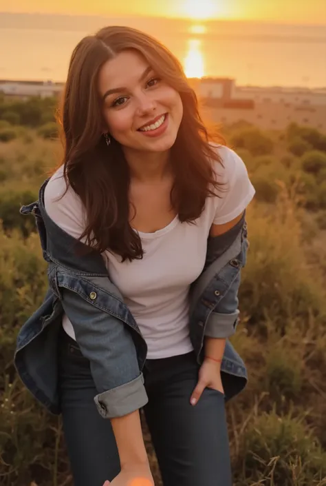 ((kira korasin, big breasts)), A high-resolution photo of kodak style with subtle impressionistic undertones, featuring refined, elegant brushstrokes and a warm, sensual atmosphere. A woman leans forward, her face inches from the camera, as she smiles dire...