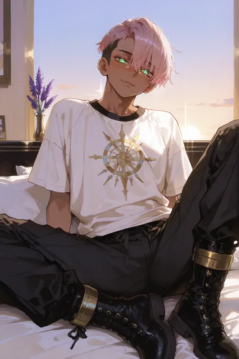 tanned mixed-race black skinned young with freckles, glowing clear glossy skin, short spiky lavender and salmon pink hair , black trimmed undercut taper sides and back behind hair, and sky blue neon eyes, wearing white GI baggy tech modern shirt with go...