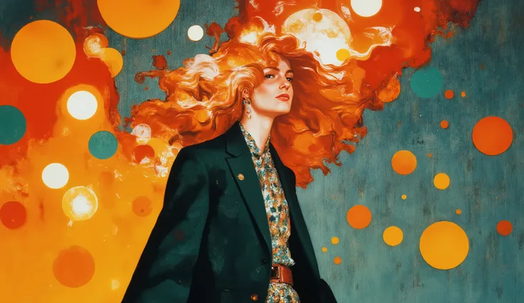 fashion illustration, illustration, surreal fantasy, beautiful girl with long wavy hair, casual clothes, walking in São Paulo, color palette Rusty Red, Antique Ruby, Dark Green, Midnight Green (Eagle Green), Tart Orange, morning, volumetric lights, acrylic...