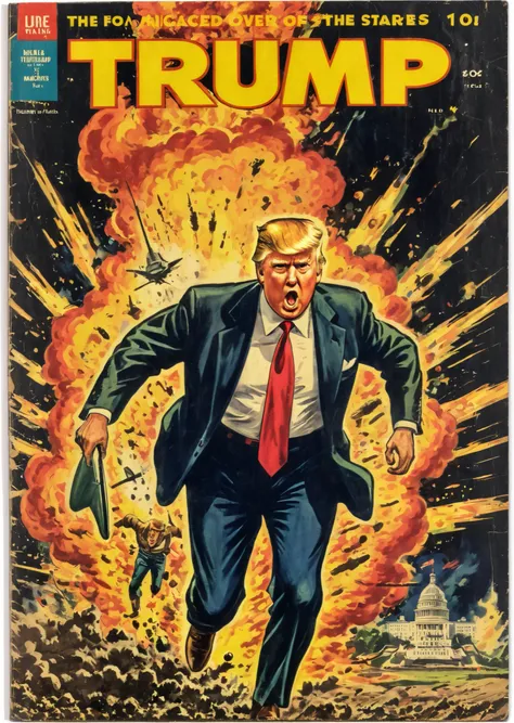 Vintage comic book cover illustration of cool Donald Trump exiting manically over the United States Capitol exploding, vintage dirt, dirt of aging, 
