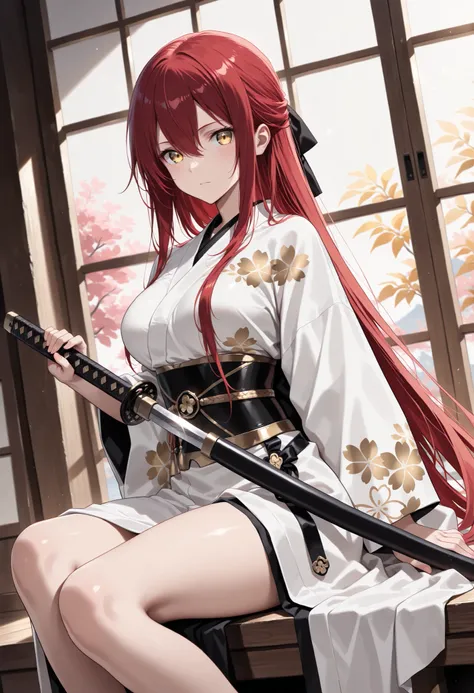 1 girl , golden eyes , very long hair , long sidelocks, red hair ,half updo, petite , very cute , beautiful ,Straight hair, cool, handsome, hair between eyes, sexy, ((medium large breast))
((japanese clothes)), samurai, katana, holding katana, sitting, loo...