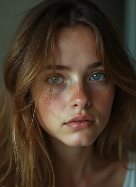 portrait of 1 girl, em casa, loiro, Russian girl, RAW cinema candid, 16 mm, graduated color film on Portra 400 film, remarkable color , hair, Textured Skin, Remarkable detailed pupils, realistic matte skin noise , visible detail of the skin , fur, pele se...