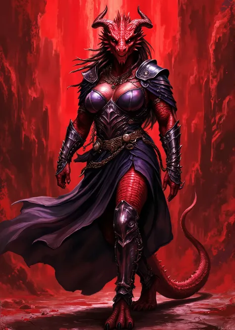 An extremely detailed comic book illustration of an extremely curvaceous Chromatic Red Dragonborn from Dungeons and Dragons which look like wingless bipedal dragons scaly bright-eyed and thick-boned with horns on their heads with a red coloration born as a...