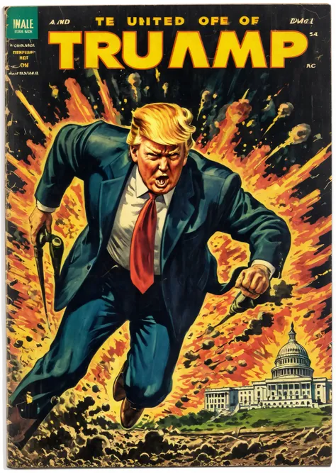 Vintage comic book cover illustration of cool Donald Trump exiting manically over the United States Capitol exploding, vintage dirt, dirt of aging, 