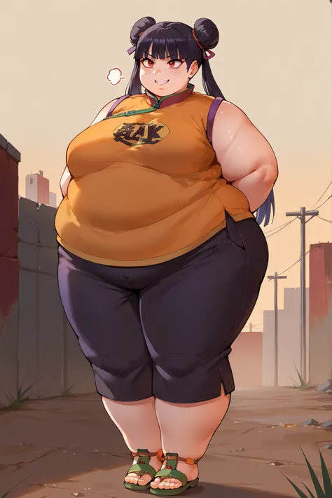 score_9, score_8_up, score_7_up, score_6_up, score_5_up, score_4_up, BREAK, source_anime,
1girl, black hair, blunt bangs, double bun, long hair, red eyes, twin tails, breasts
purple cheongsam, sandals, SSBBW, fat, 500 lbs.,
hands behind back, smile, full b...